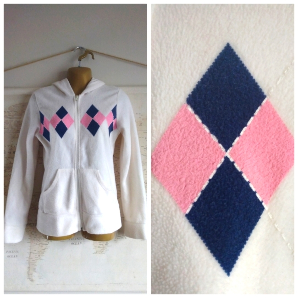 *SOLD* Y2K Plush Argyle Hoodie in White, Pink, and Blue-Size M